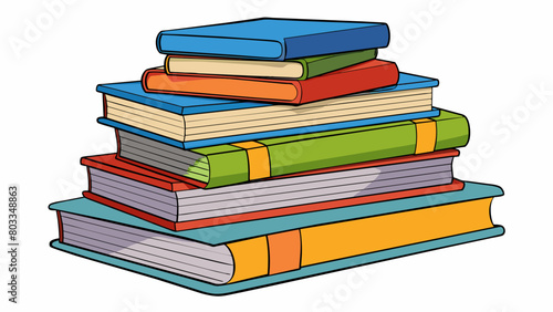 A pile of books stacked on a table with each one labeled and categorized by genre. Some have creased spines or dogeared pages from being read while. Cartoon Vector