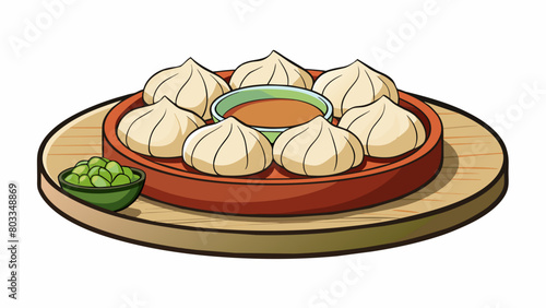 A platter of steaming dumplings each one a perfect bitesize parcel of savory filling. The dumplings are delicately steamed with a thin and chewy. Cartoon Vector