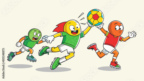 A player hurls the ball into the air launching it towards their teammate like a missile. The ball is caught by another player who swiftly dodges. Cartoon Vector