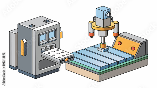 A piece of metal is clamped onto a CNC machine and a computer program controls the movement of a ting tool carefully carving away excess material to. Cartoon Vector