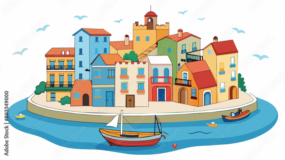 A quaint seaside town with colorful buildings lining the harbor. Brightly painted fishing boats bob in the water while seagulls soar overhead. The. Cartoon Vector