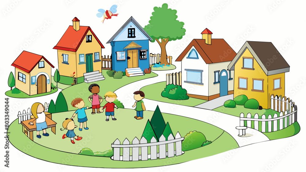 A quaint residential sector lined with charming houses and wellmanicured gardens. Children can be seen playing in the streets and neighbors chatting. Cartoon Vector