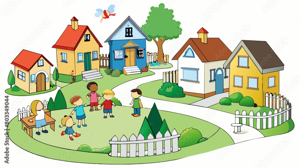 A quaint residential sector lined with charming houses and wellmanicured gardens. Children can be seen playing in the streets and neighbors chatting. Cartoon Vector A quaint residential sector lined with charming houses and wellmanicured gardens. Children can be seen playing in the streets and neighbors chatting. Cartoon Vector