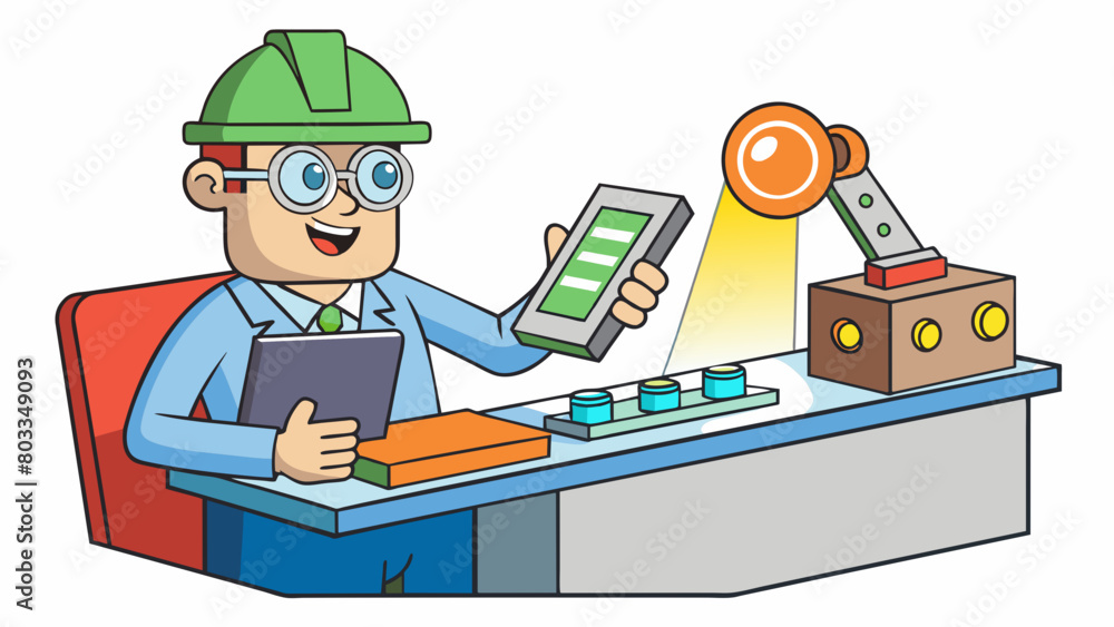 A quality control inspector sits at a desk flipping through pages of manufacturing specifications and holding up a small electronic chip to a bright. Cartoon Vector