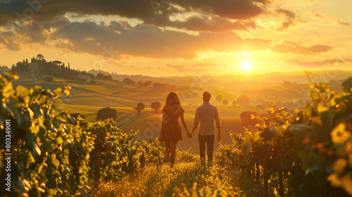 Young couple exploring beautiful vineyard at sunset