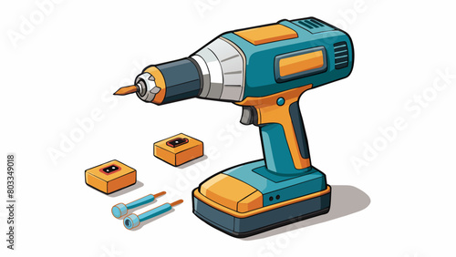 A power tool consisting of a drill and several interchangeable bits. The drill is cordless with a rechargeable battery and has a variable speed. Cartoon Vector