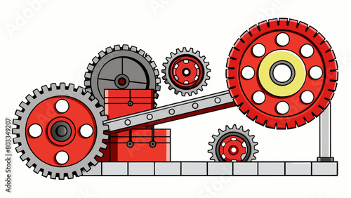 A red and black circular motor with thick exposed gears and pulleys can be found on the factory floor. It has a powerful low hum and is connected to a. Cartoon Vector