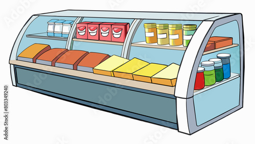A refrigerated section with glass doors displaying rows of cold s cheeses and prepackaged meals. In the back a freezer section filled with everything. Cartoon Vector