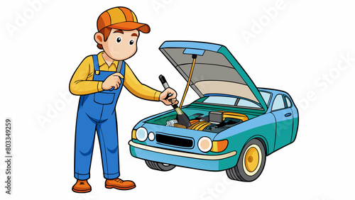 A repair technician in a car repair shop can be recognized by their coveralls and oily hands. They use a specialized diagnostic tool to connect to a. Cartoon Vector