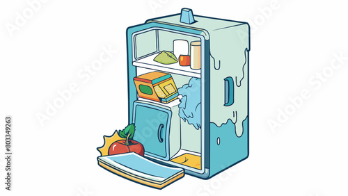 A refrigerator that doesnt keep food cold resulting in spoiled groceries. The door seal is torn and ice has formed on the back of the freezer.. Cartoon Vector