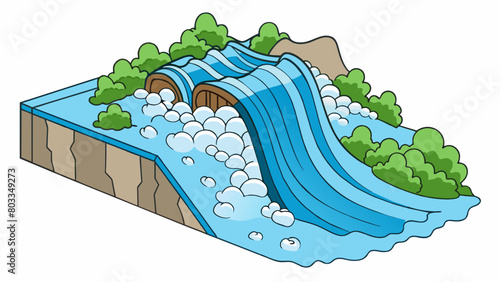 A river flows steadily its energy churning and turning the water as it cascades over rocks.. Cartoon Vector