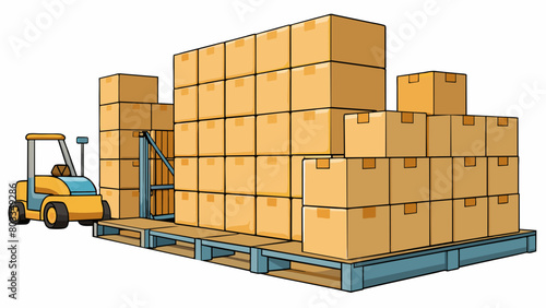 A row of sy wooden pallets stacked with varying sizes and types of cardboard boxes. The boxes are tightly sealed and stacked in an orderly manner. Cartoon Vector