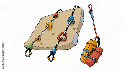 A rock climbing rigging is the gear used to secure a climbers rope to the rock face allowing them to ascend safely. This typically includes sy. Cartoon Vector