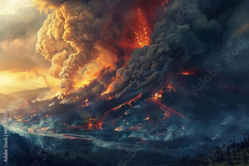 devastating volcanic eruption in indonesia with lava flows smoke and fire apocalyptic art