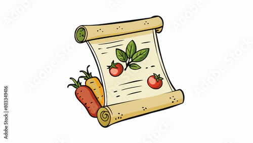 A rustic Italian menu designed to look like a scroll with handdrawn illustrations of fresh ingredients such as tomatoes olives and herbs. The font is. Cartoon Vector