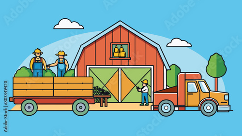 A rustic barn with rolling fields and farm animals nearby where a group of farmers are seen harvesting crops and loading them onto a large truck. This. Cartoon Vector