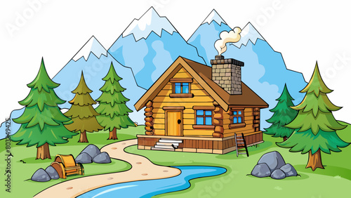 A rustic log cabin nestled in the mountains surrounded by tall trees and a babbling stream. The cabin has a large stone fireplace in the living room. Cartoon Vector