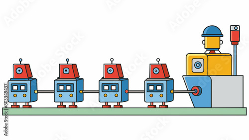 A series of machines and stations arranged in a sequential manner each adding a specific component or performing a particular task on a product. The. Cartoon Vector