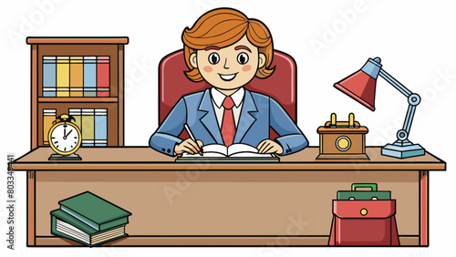 A secretary is a person sitting at a wooden desk writing on a notepad with a fountain pen. Behind them is a bookshelf filled with thick binders and. Cartoon Vector