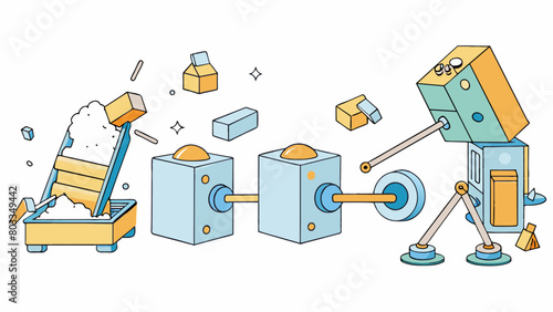 A series of interconnected machines that work together to break down large objects. First a large hammer pounds the object into smaller pieces then. Cartoon Vector