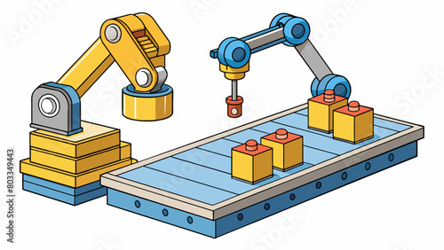 A robotic arm control system used in a factory setting to pick and place objects on a conveyor belt. The arm is equipped with sensors to detect the. Cartoon Vector