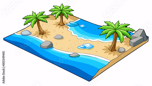 A rocky beach with crystal clear blue water and smooth pebbles tered along the shore. The area also has a few s of tall palm trees providing some. Cartoon Vector