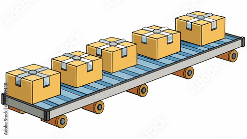 A series of interconnected metal rollers each measuring several feet in length rotate in unison as boxes of freshly packaged goods are conveyed across. Cartoon Vector