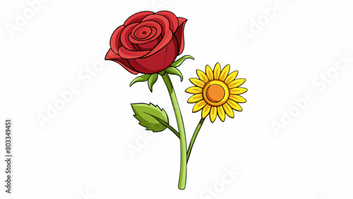 A rose and a sunflower The rose has thorns while the sunflower has a tall stem and large yellow petals.. Cartoon Vector
