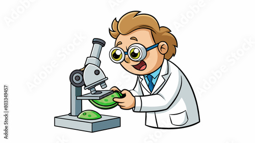 A scientist peers through a microscope adjusting the lenses to view a tiny organism on a glass slide. The microscope has a sy metal base and delicate. Cartoon Vector