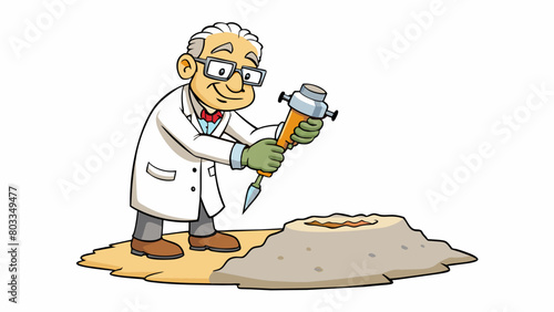 A scientist in a lab coat carefully guided a thin wire through a piece of rock using a drilling tool to create a small hole for study. The rocks. Cartoon Vector