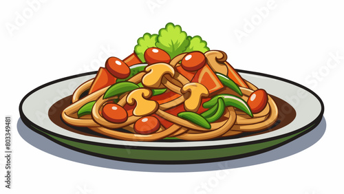 A savory dinner stirfry Thin strips of marinated chicken are cooked in a sizzling pan with crunchy bell peppers tender broccoli florets and chewy. Cartoon Vector