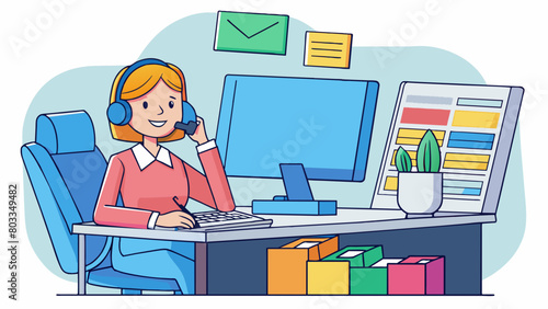 A secretary is a woman wearing a headset answering phone calls and typing on a large computer screen. She is sitting in a modern office chair with a. Cartoon Vector