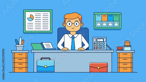 A secretary is a man sitting at a metal desk surrounded by stacks of paper and a large filing cabinet. He is using a calculator and a ruler to work on. Cartoon Vector