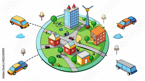 A satellite image of a city with intricate road networks connecting different neighborhoods and communities. Trucks cars and buses can be seen. Cartoon Vector