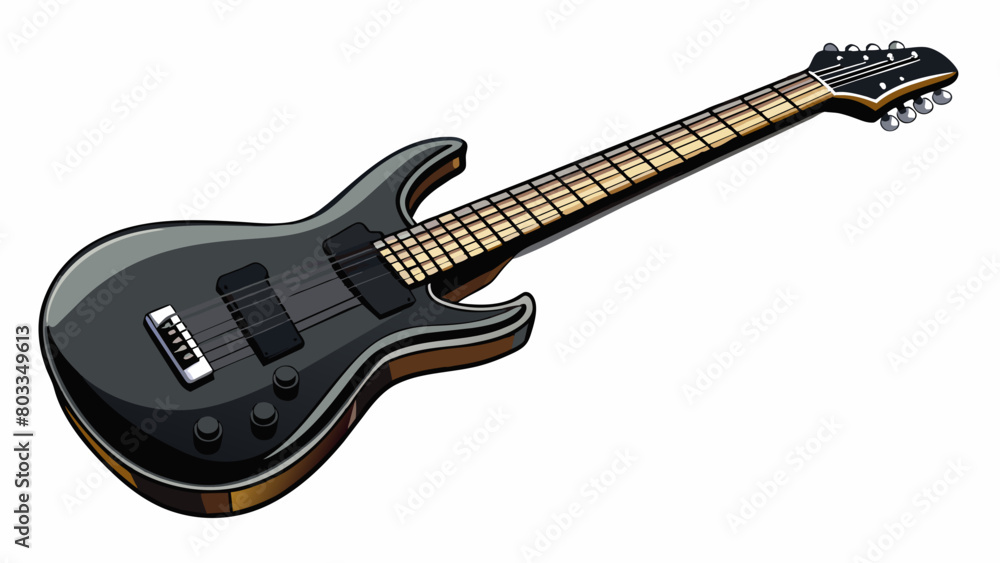 Fototapeta premium A shiny black guitar with six taut strings gleaming under the stage lights. Its body emits a deep rich sound that fills the room and captivates the. Cartoon Vector
