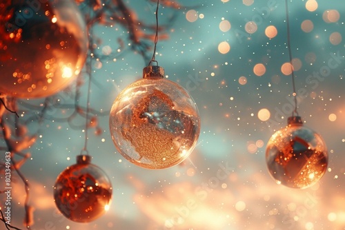 Christmas ornaments hanging on a snowy tree branch with a blurred background