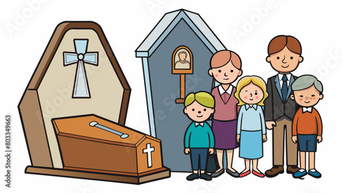 A simple wooden coffin p at the front of a church surrounded by a few close family members with hymns playing softly in the background.. Cartoon Vector