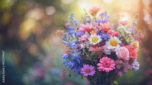 Bouquet of wild field flowers, summer sunrise scenery