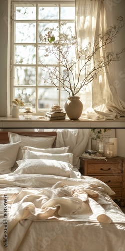 A bedroom with a large window, a vase of flowers, and a bed with white linens