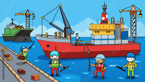 A shipyard with large docked ships and workers in hard hats operating cranes and welding metal. The water is a deep blue and the smell of salt is in. Cartoon Vector