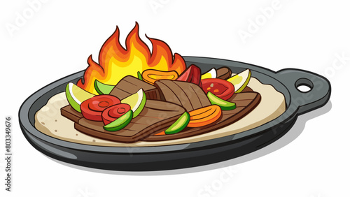 A sizzling plate of fajitas is brought to the table filled with slices of tender marinated beef crisp bell peppers and onions and served with warm. Cartoon Vector