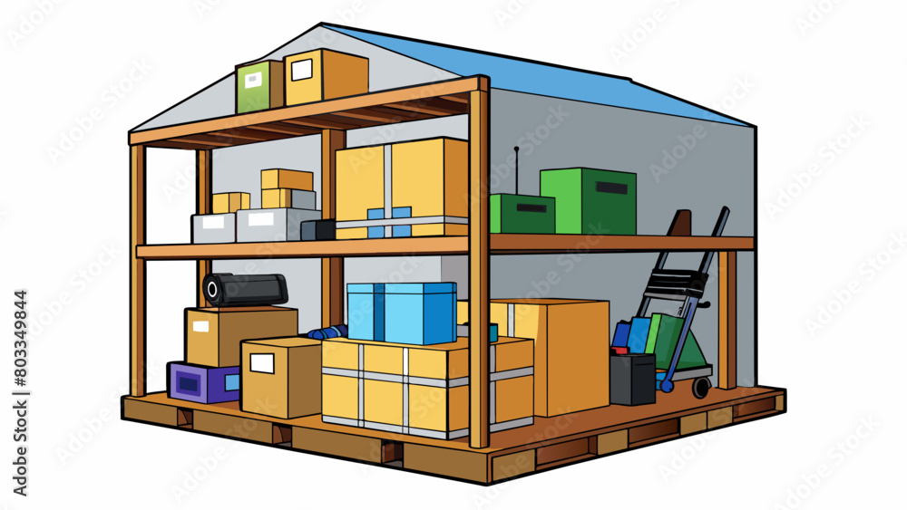 A small compact warehouse with stacked wooden pallets and shelves packed tight with household items and electronics. The ceiling is low but the space. Cartoon Vector A small compact warehouse with stacked wooden pallets and shelves packed tight with household items and electronics. The ceiling is low but the space. Cartoon Vector