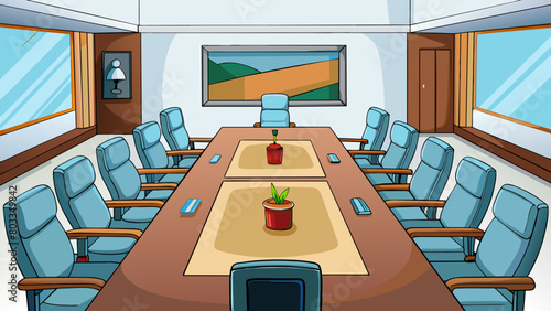 A sleek glass conference room with a long wooden table surrounded by comfortable leather chairs. The walls are adorned with abstract artwork and a. Cartoon Vector