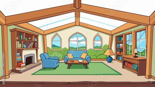 A small cozy living room with wooden beams on the ceiling and a large fireplace at one end. The walls are adorned with bookshelves filled with. Cartoon Vector