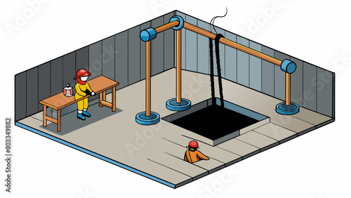 A small dark room with low hanging pipes and wires requiring workers to crouch or crawl to move around.. Cartoon Vector