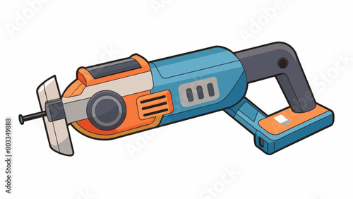 A small handheld machine with a sharp oscillating blade used for ting and shaping metal materials. It has a rechargeable battery and a safety switch. Cartoon Vector