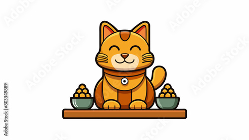 A small intricately carved wooden figurine of a smiling cat with its paws raised in a gesture of thankfulness sitting proudly on a shelf a other. Cartoon Vector