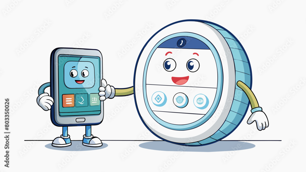 Naklejka premium A smart thermostat that automatically adjusts the temperature in a house based on preset preferences and external conditions. It has a digital display. Cartoon Vector