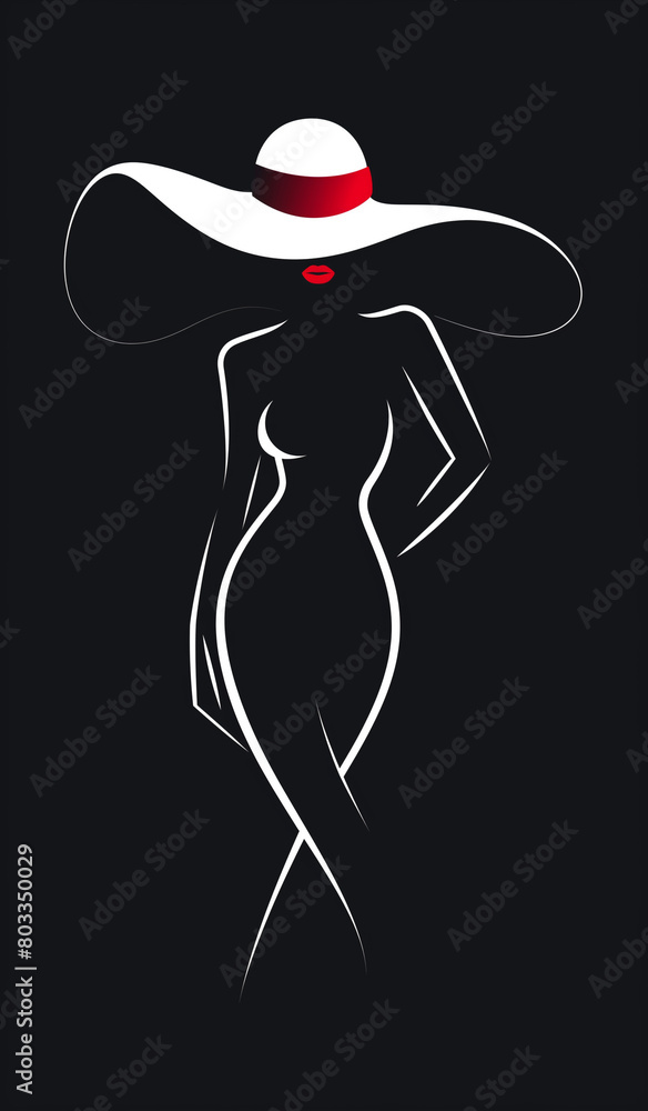 illustration, lines of a beautiful female body in full length, on a black background, in a red hat and high-heeled shoes illustration, lines of a beautiful female body in full length, on a black background, in a red hat and high-heeled shoes