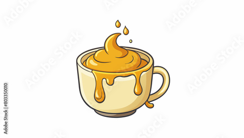 A small white cup is filled with a liquid that resembles liquid gold the steam rising from it creating a mesmerizing pattern. Its taste is a perfect. Cartoon Vector